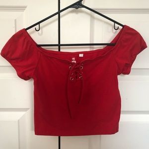 Red off the should crop top